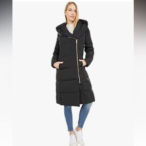 Cole Haan Women's Long Size Zip Hooded Quilted Down Coat with integral hoodie